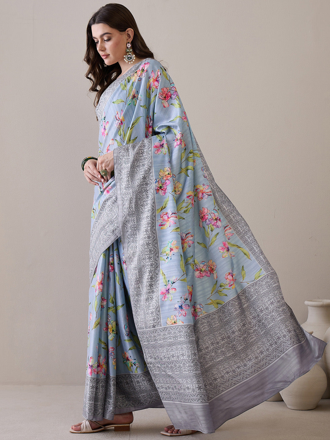 Women's Silk Blend Grey Printed Designer Saree With Blouse Piece