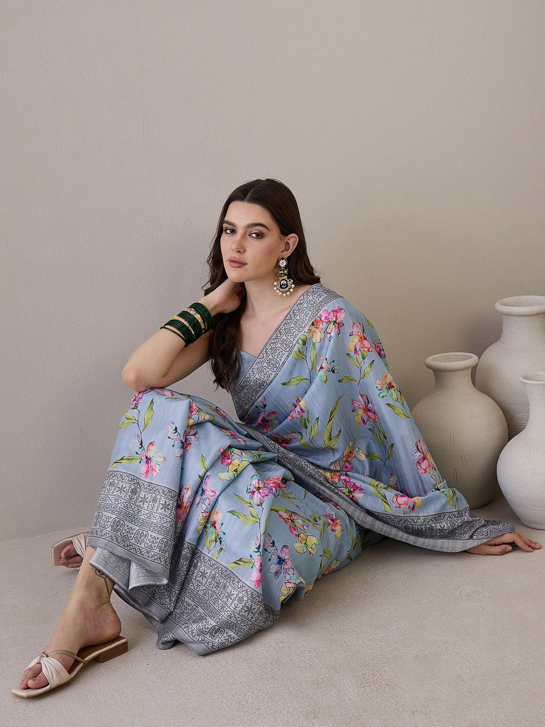 Women's Silk Blend Grey Printed Designer Saree With Blouse Piece