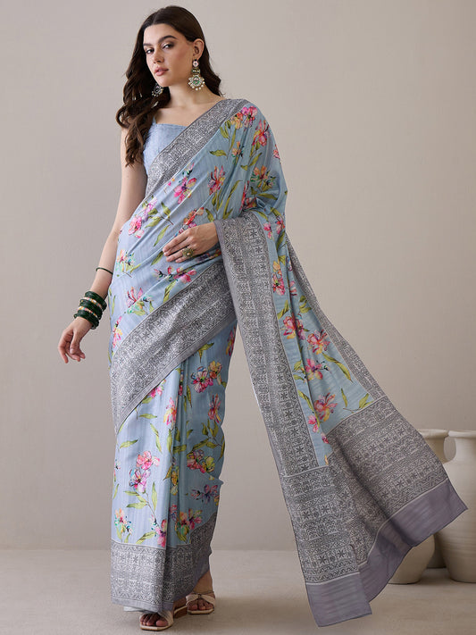 Women's Silk Blend Grey Printed Designer Saree With Blouse Piece