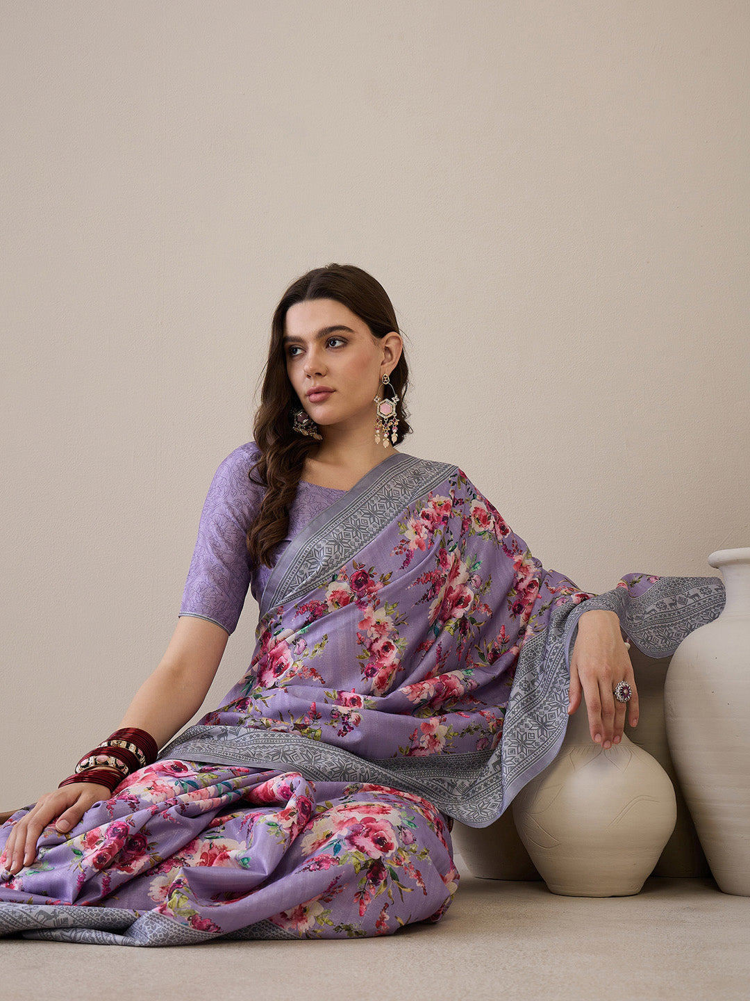Women's Silk Blend Lavendar Printed Designer Saree With Blouse Piece