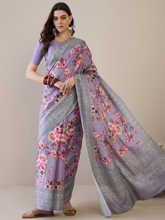 Women's Silk Blend Lavendar Printed Designer Saree With Blouse Piece