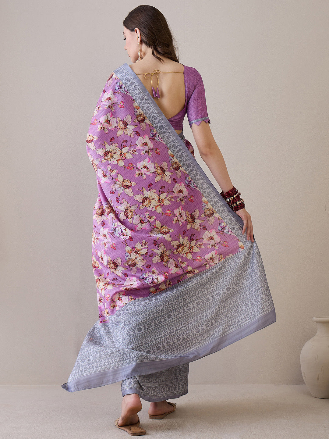 Women's Silk Blend Mauve Printed Designer Saree With Blouse Piece