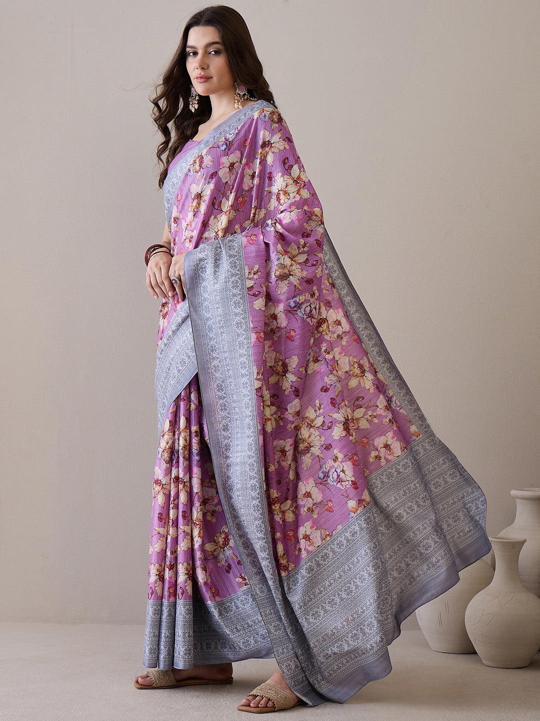 Women's Silk Blend Mauve Printed Designer Saree With Blouse Piece