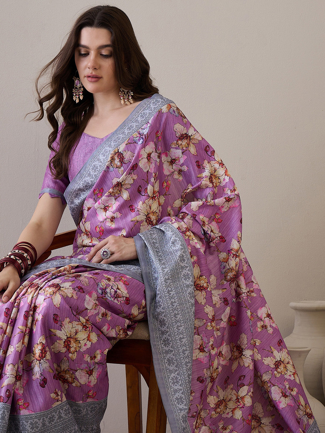 Women's Silk Blend Mauve Printed Designer Saree With Blouse Piece