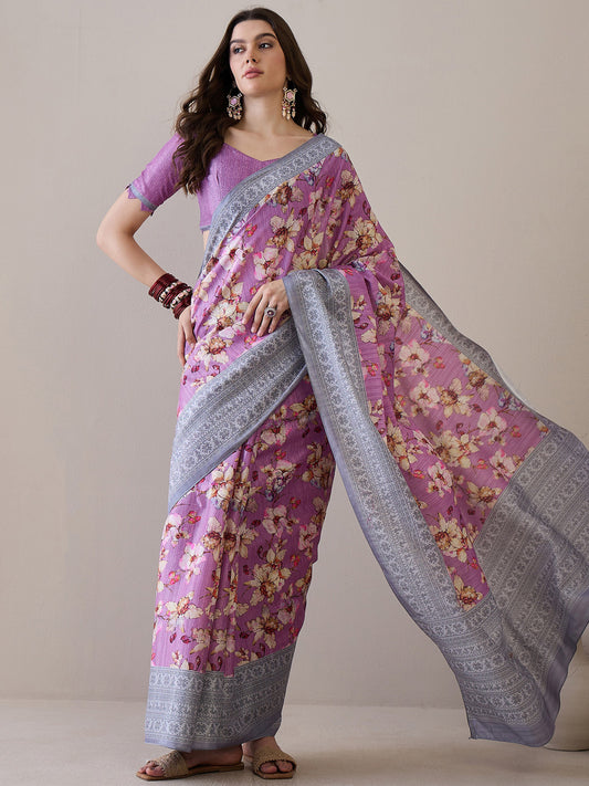 Women's Silk Blend Mauve Printed Designer Saree With Blouse Piece