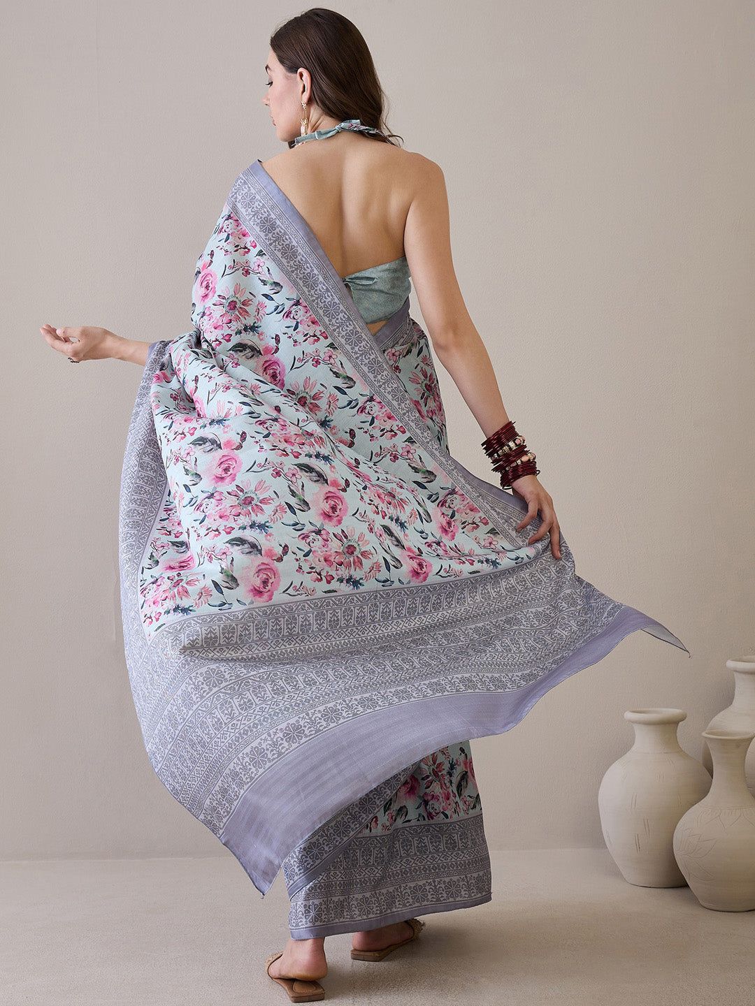 Women's Silk Blend Turquoise Blue Printed Designer Saree With Blouse Piece