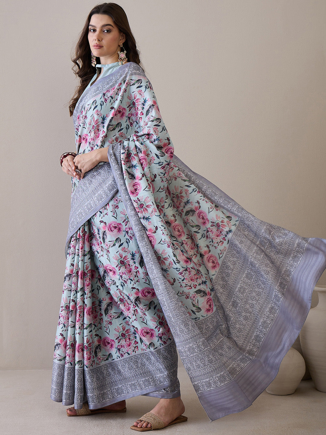 Women's Silk Blend Turquoise Blue Printed Designer Saree With Blouse Piece