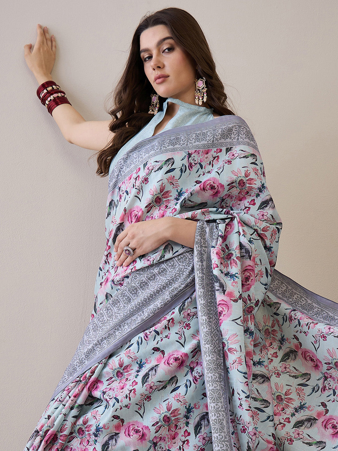 Women's Silk Blend Turquoise Blue Printed Designer Saree With Blouse Piece