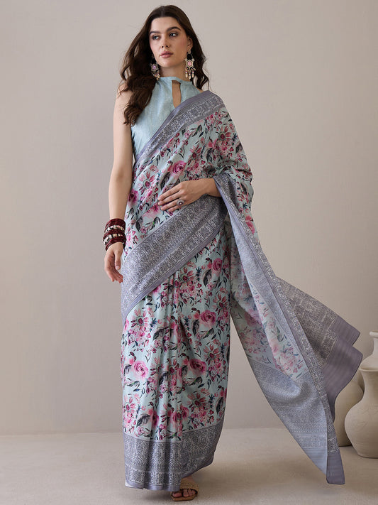 Women's Silk Blend Turquoise Blue Printed Designer Saree With Blouse Piece