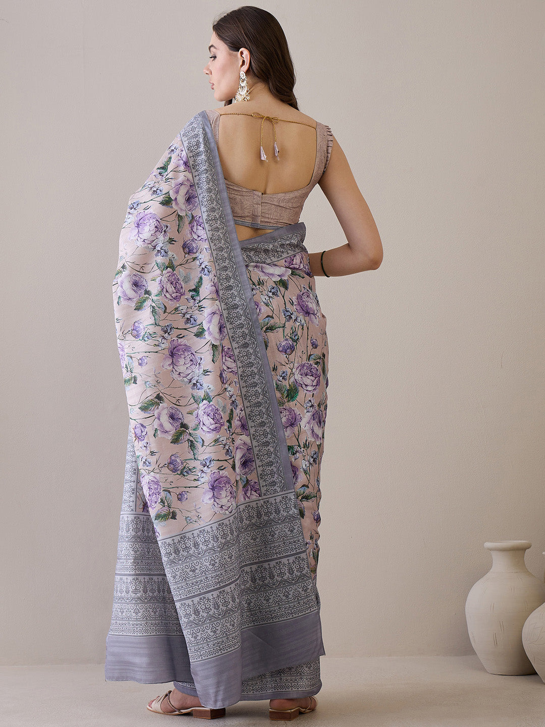 Women's Silk Blend Beige Printed Designer Saree With Blouse Piece