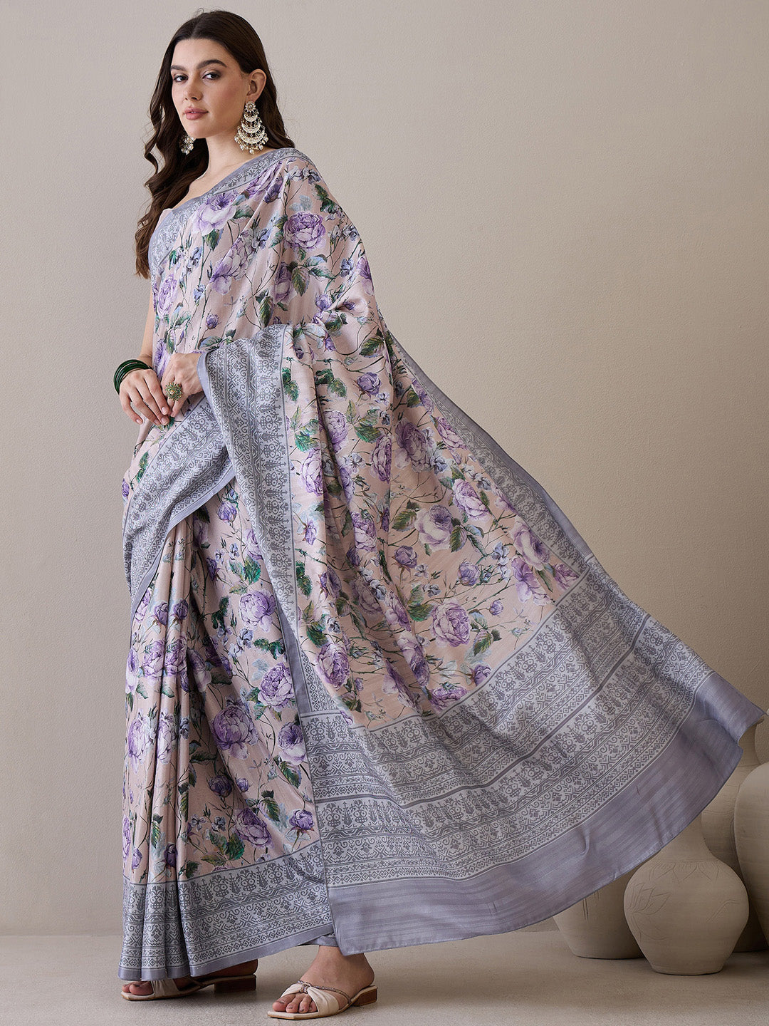 Women's Silk Blend Beige Printed Designer Saree With Blouse Piece