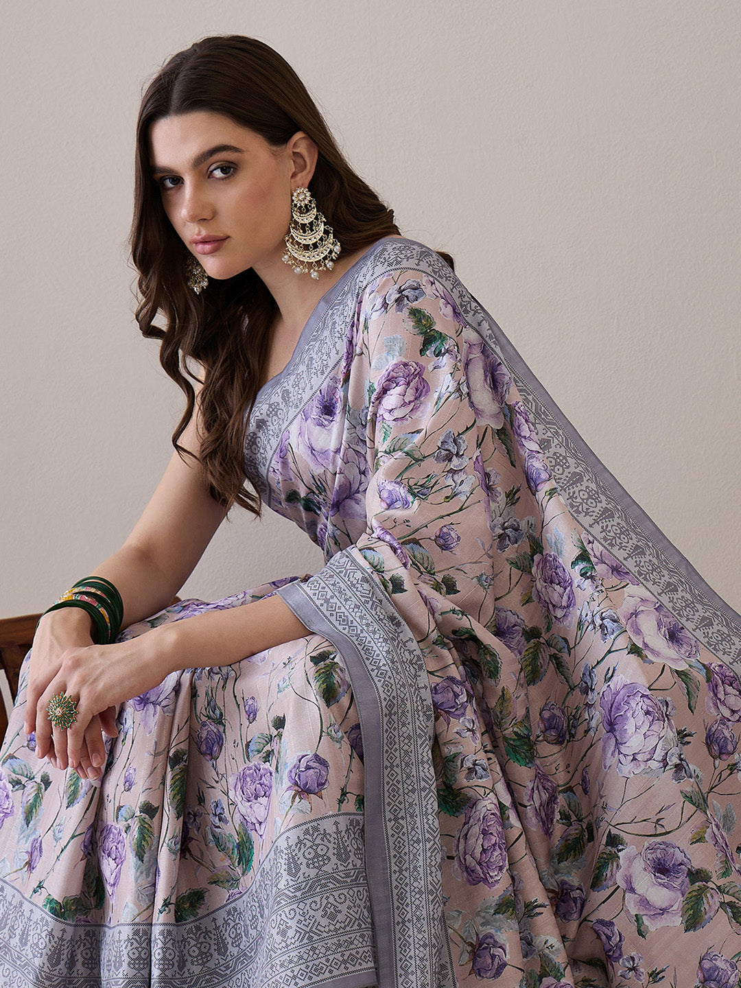 Women's Silk Blend Beige Printed Designer Saree With Blouse Piece