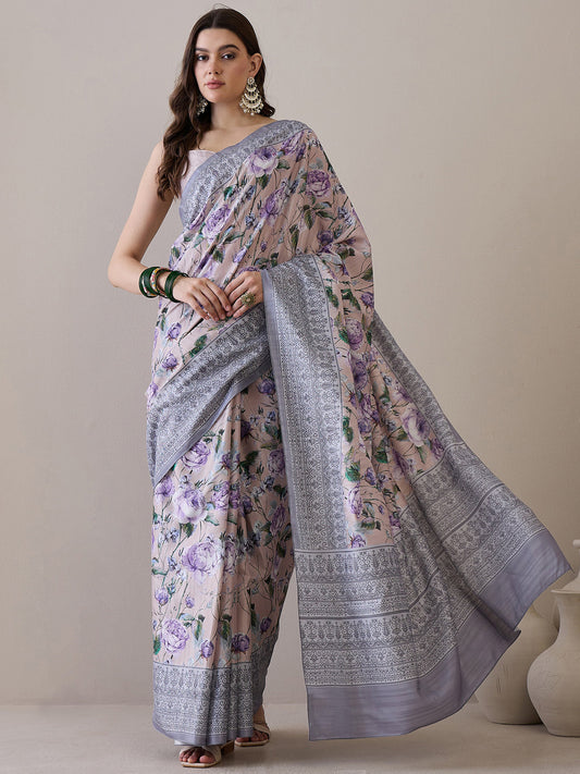 Women's Silk Blend Beige Printed Designer Saree With Blouse Piece