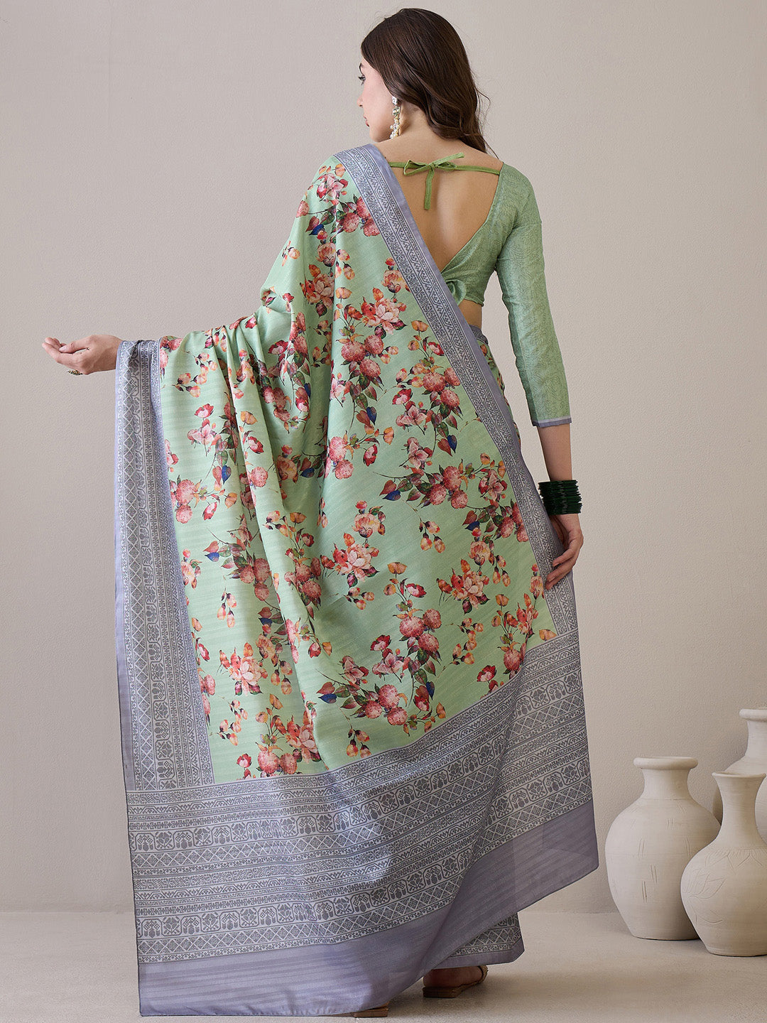 Women's Silk Blend Light Green Printed Designer Saree With Blouse Piece