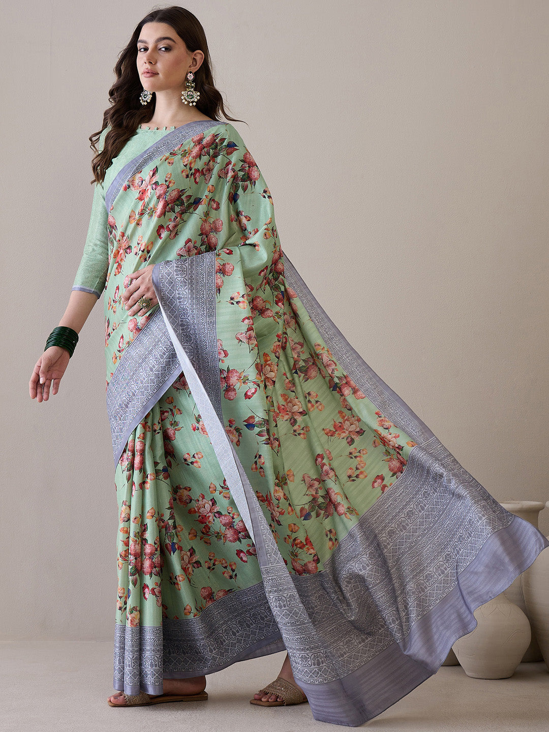Women's Silk Blend Light Green Printed Designer Saree With Blouse Piece