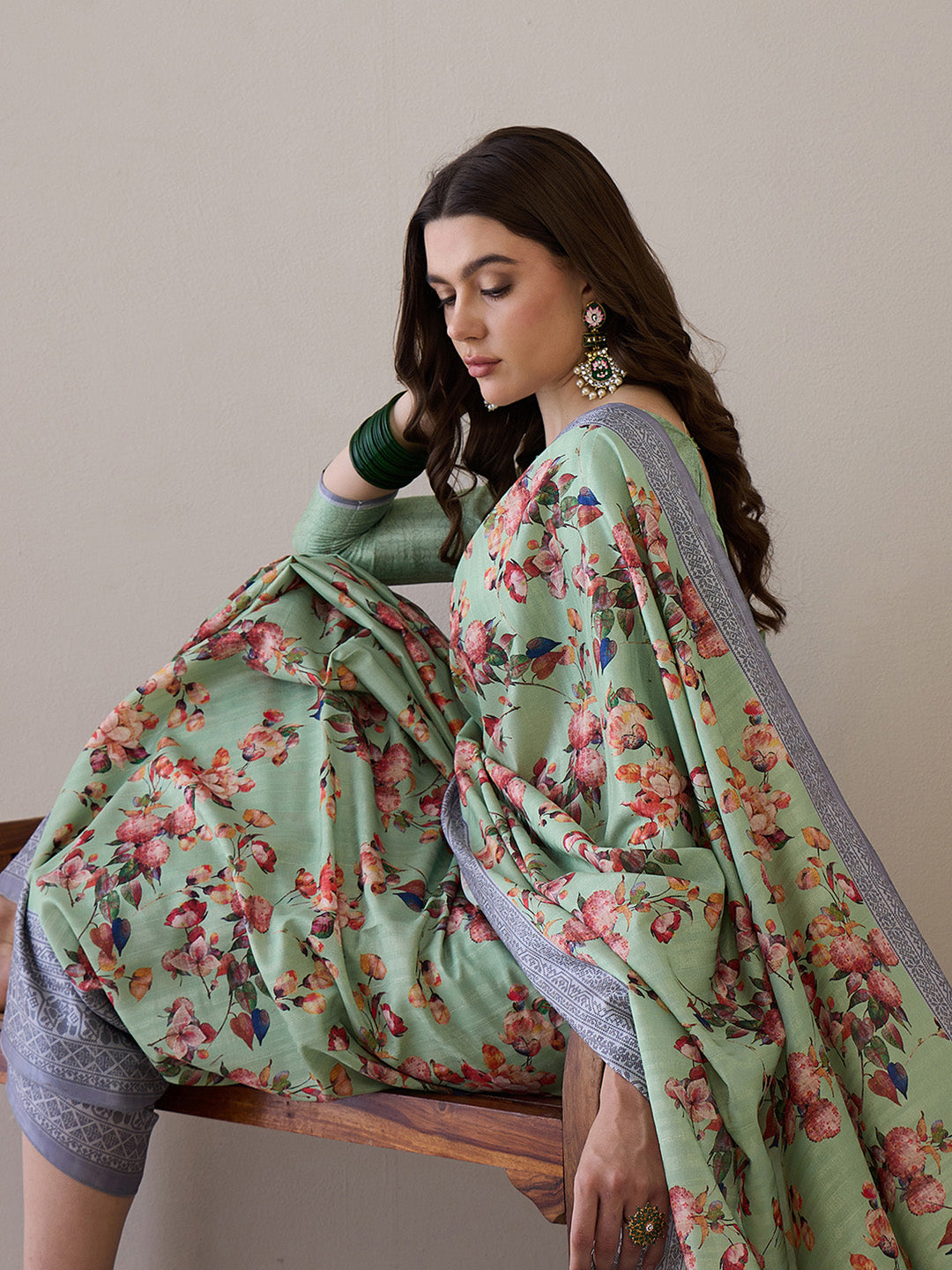 Women's Silk Blend Light Green Printed Designer Saree With Blouse Piece