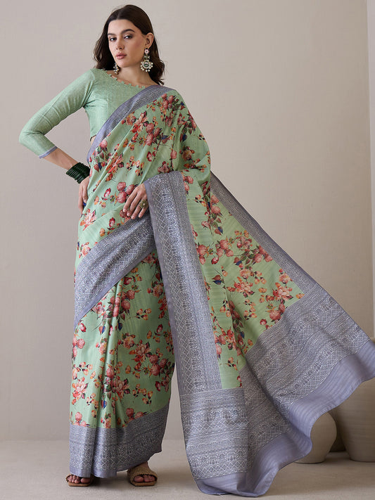 Women's Silk Blend Light Green Printed Designer Saree With Blouse Piece