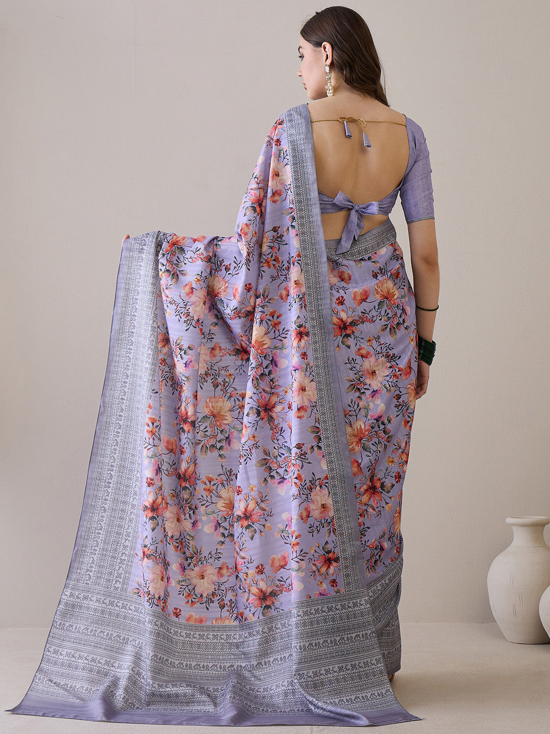 Women's Silk Blend Lavendar Printed Designer Saree With Blouse Piece