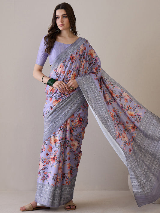 Women's Silk Blend Lavendar Printed Designer Saree With Blouse Piece
