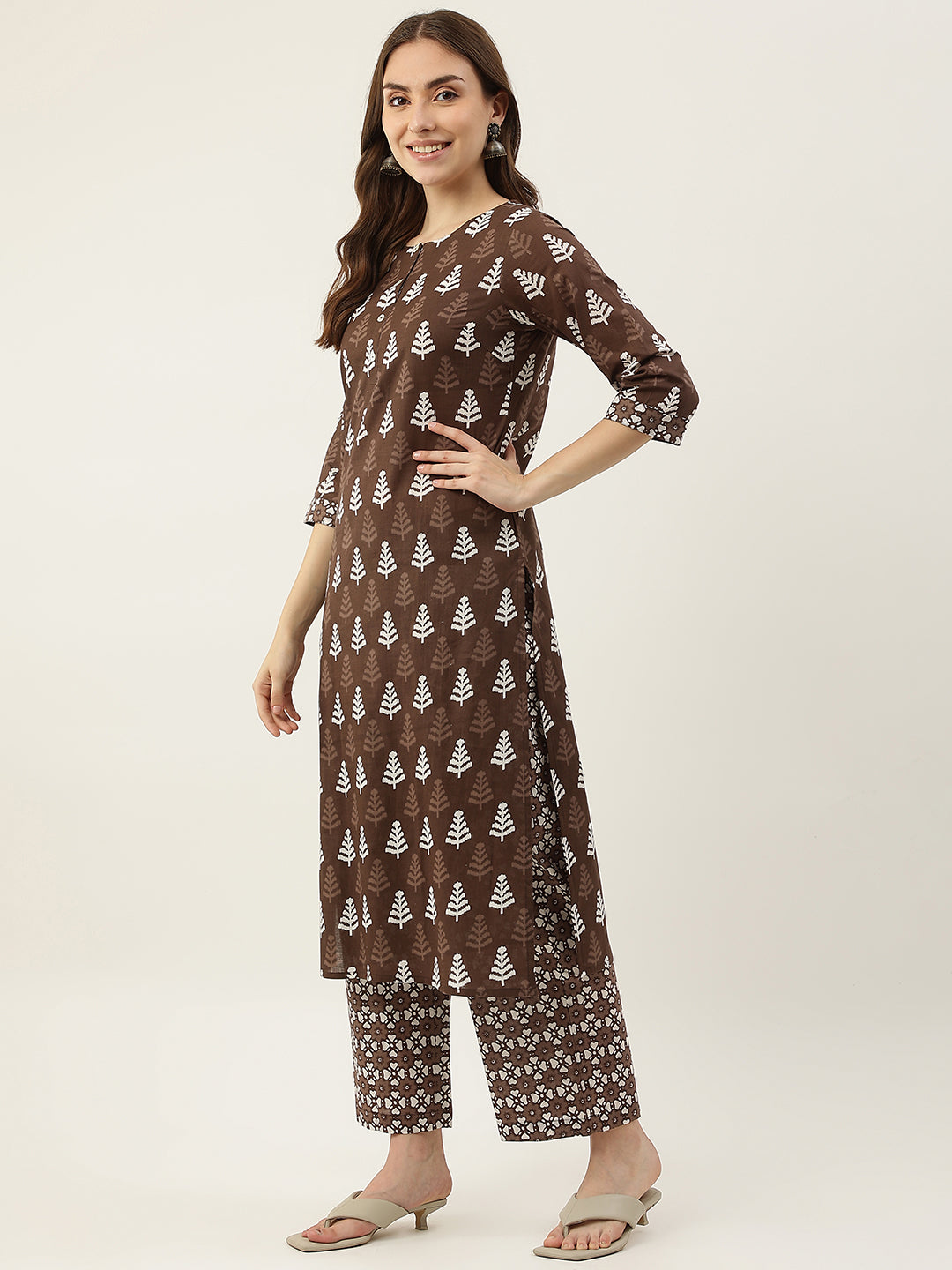 Women's Brown Straight Cotton Kurta With Palazzo And Dupatta