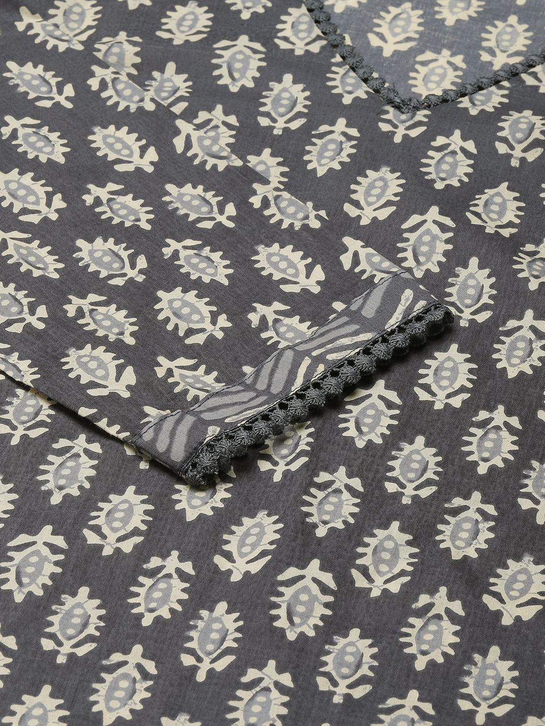 Women's Grey Cotton Straight Kurta with Pant and Dupatta
