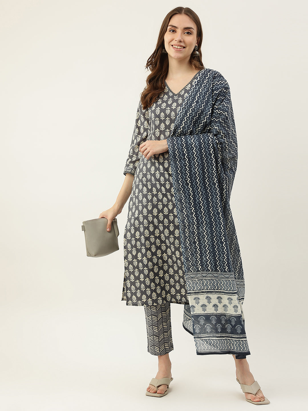 Women's Grey Cotton Straight Kurta with Pant and Dupatta