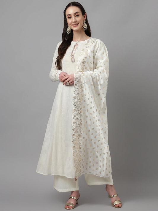 Women's Off White Pure Cotton Flared Kurta with Palazzo and Dupatta