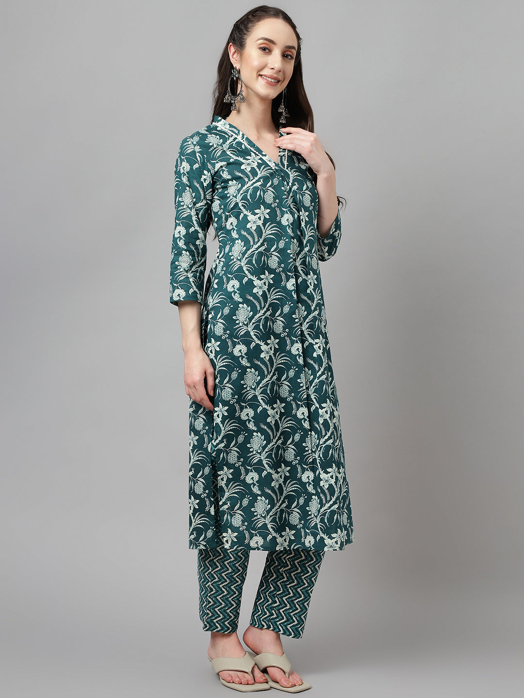 Women's Teal Blue Cotton A-Line Kurta with Pant