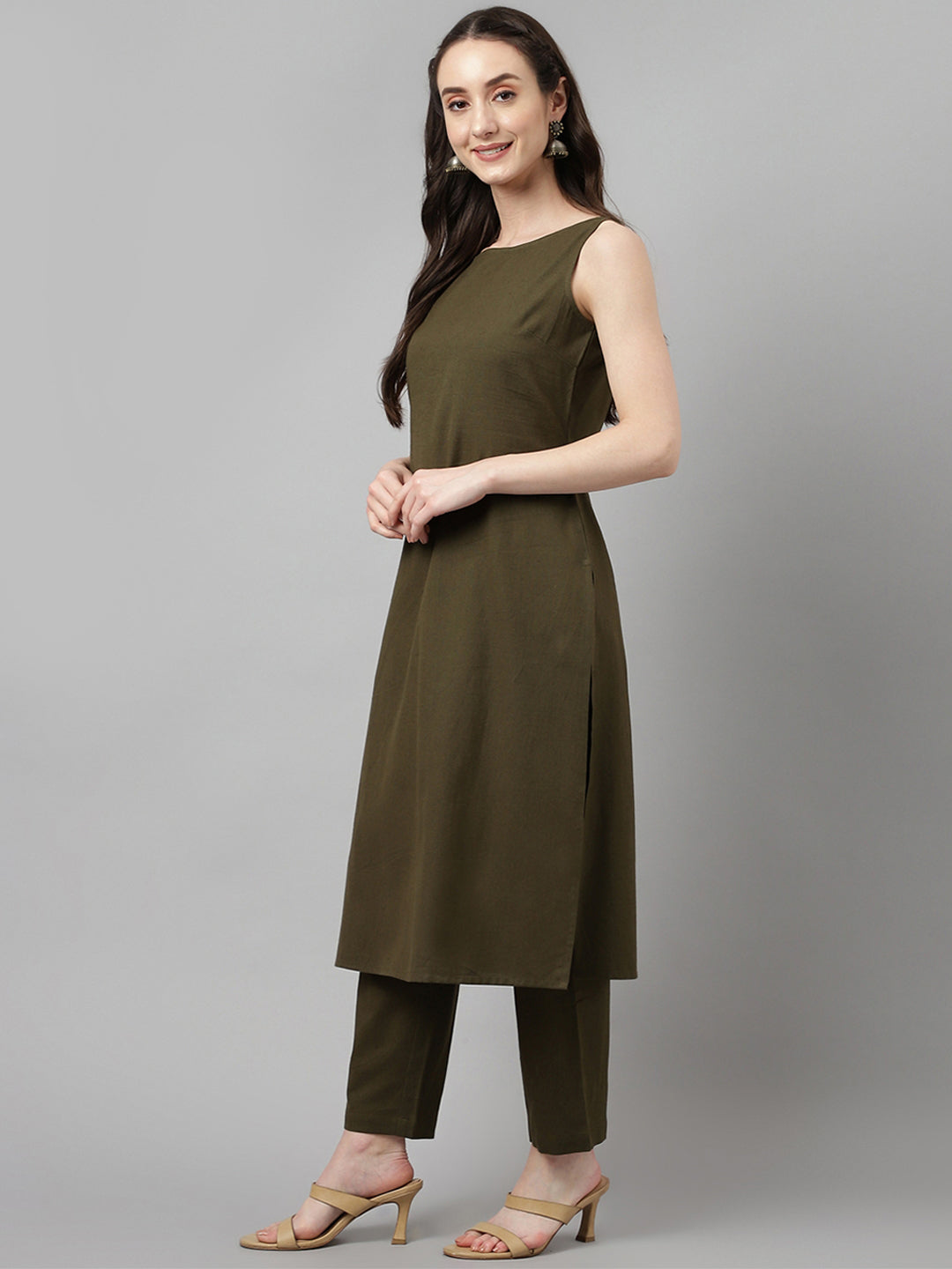 Women's Olive Green Rayon Straight Kurta with Pant