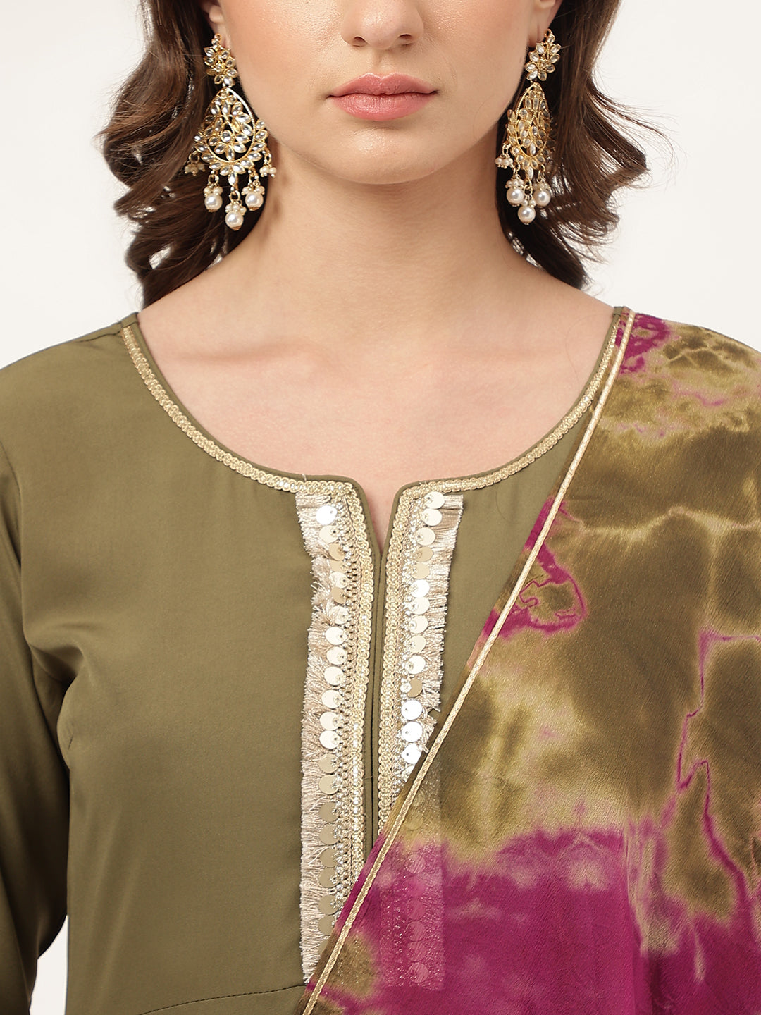 Women's Olive Green Poly Crepe A-line Kurta with Pant and Dupatta