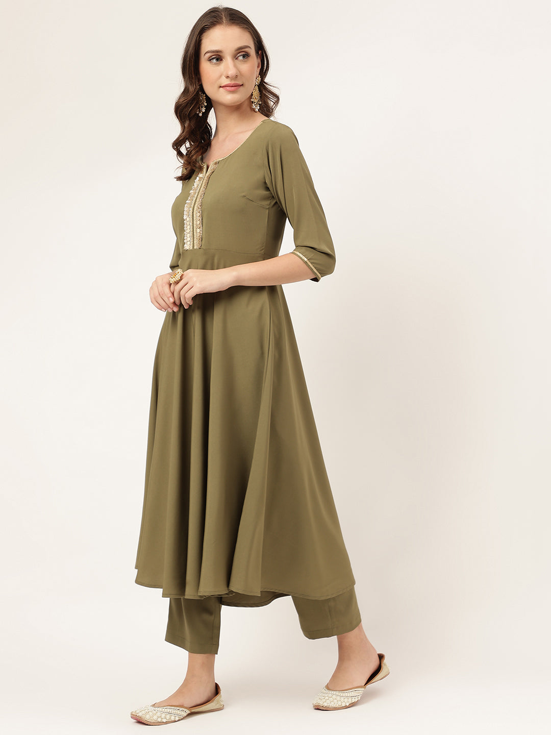 Women's Olive Green Poly Crepe A-line Kurta with Pant and Dupatta