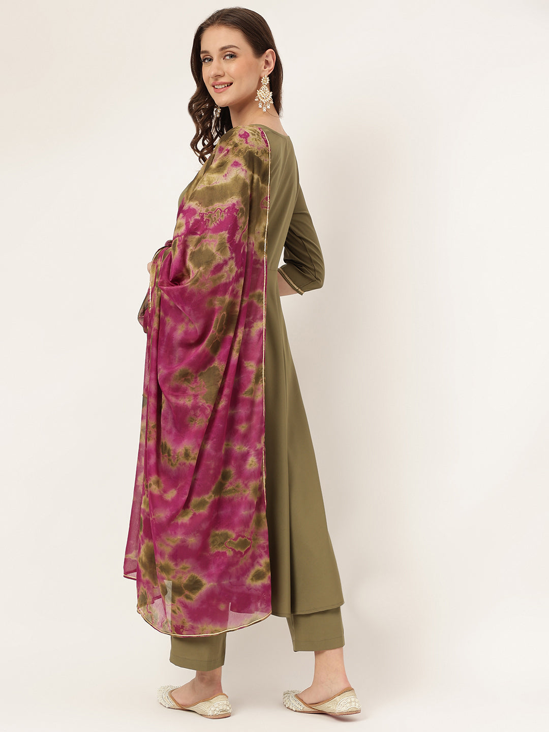 Women's Olive Green Poly Crepe A-line Kurta with Pant and Dupatta