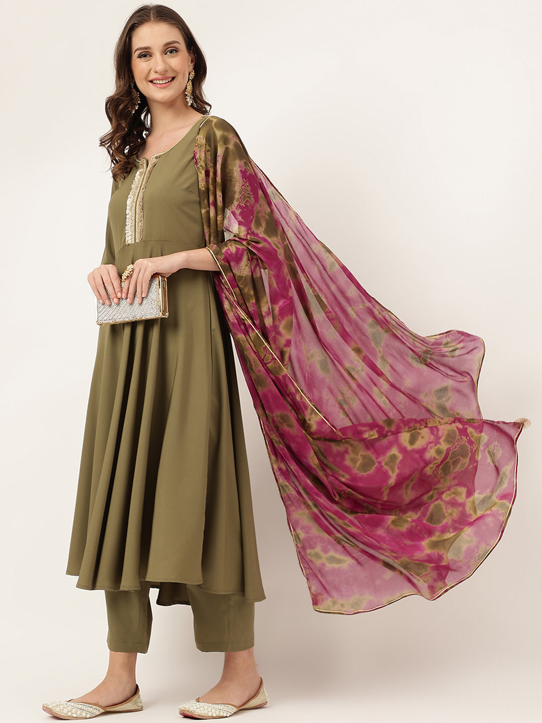 Women's Olive Green Poly Crepe A-line Kurta with Pant and Dupatta