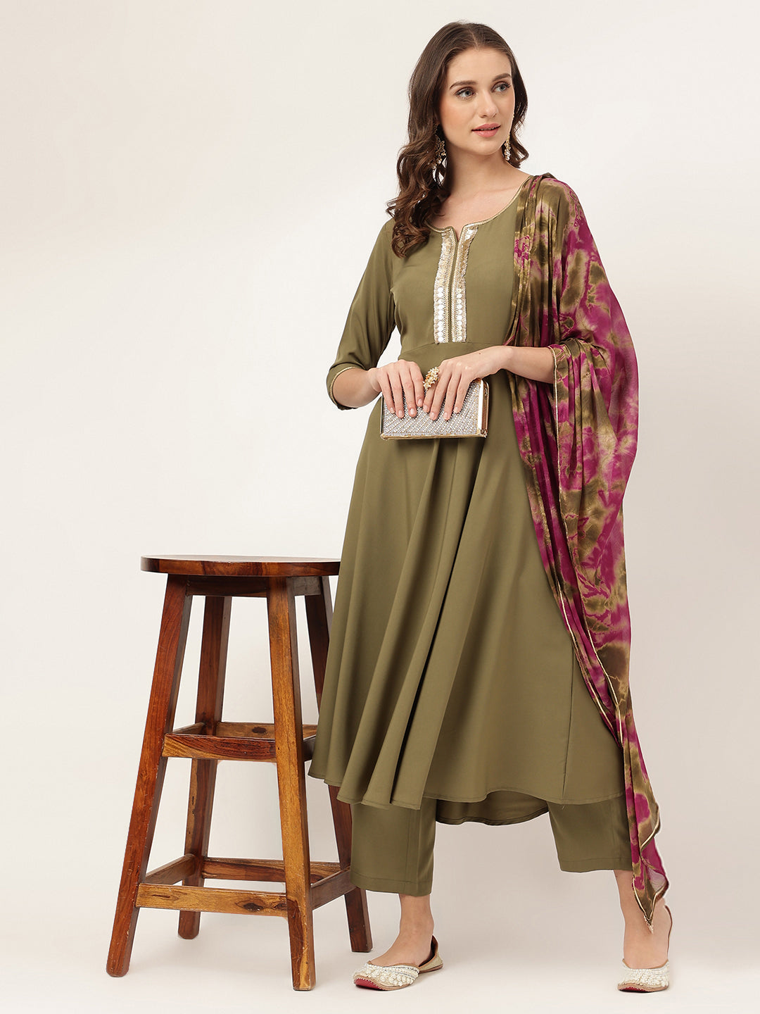 Women's Olive Green Poly Crepe A-line Kurta with Pant and Dupatta