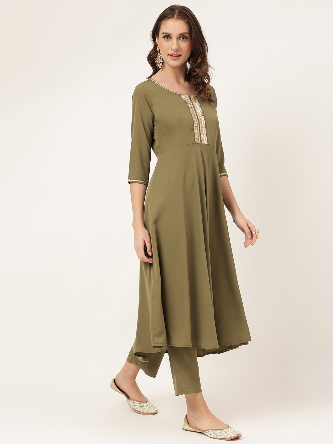 Women's Olive Green Poly Crepe A-line Kurta with Pant and Dupatta