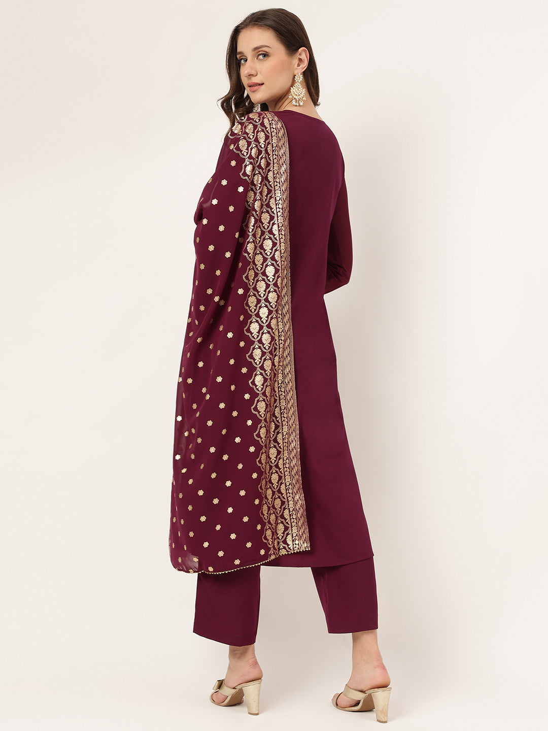 Women's Purple Poly Crepe Flared Kurta with Dupatta and Pant