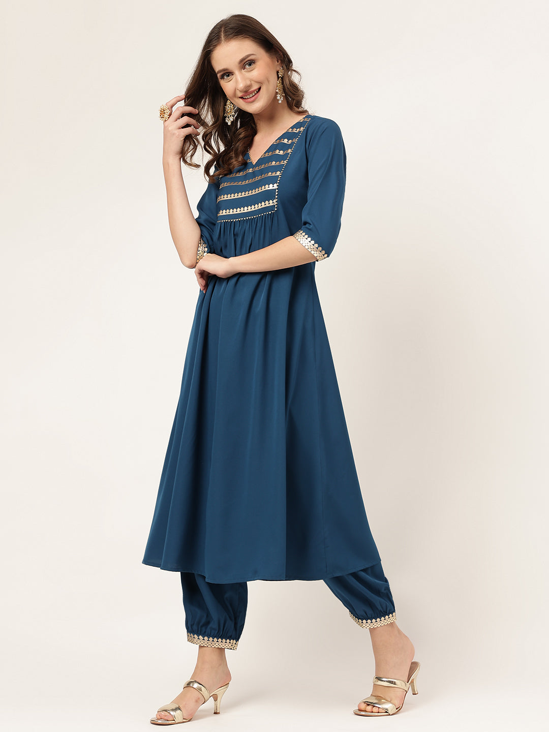 Women's Teal Blue Poly Crepe A-line Kurta with Pant