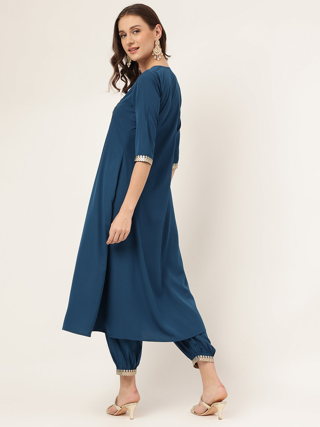 Women's Teal Blue Poly Crepe A-line Kurta with Pant