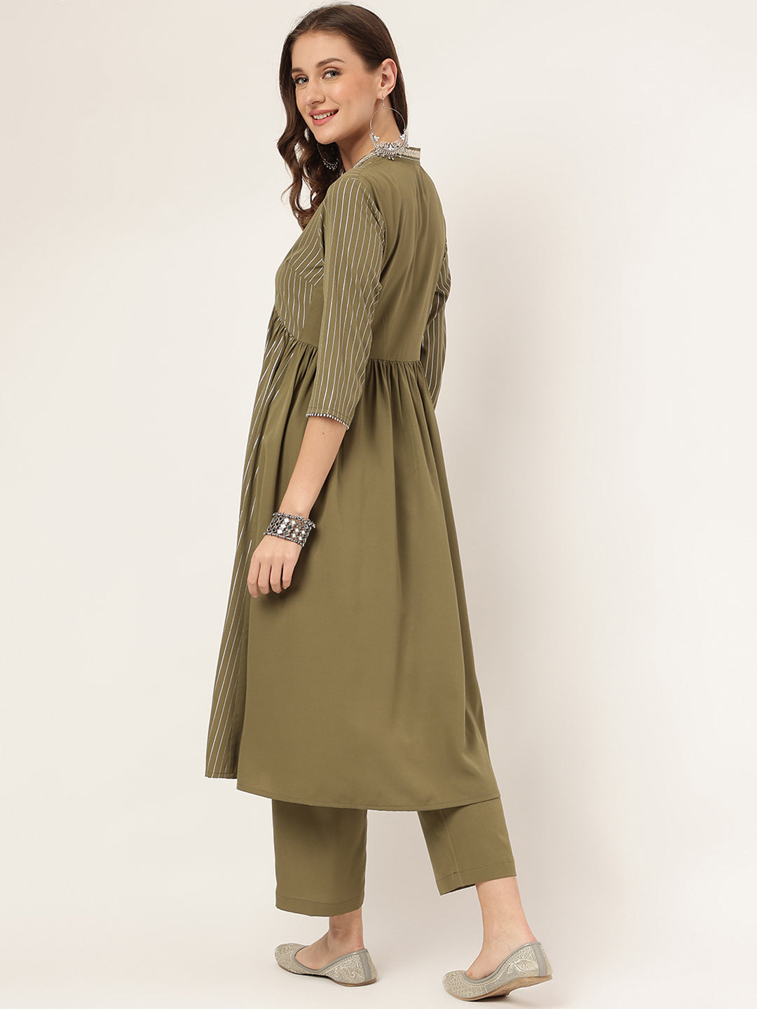 Women's Olive Green Poly Crepe A-line Kurta with Pant