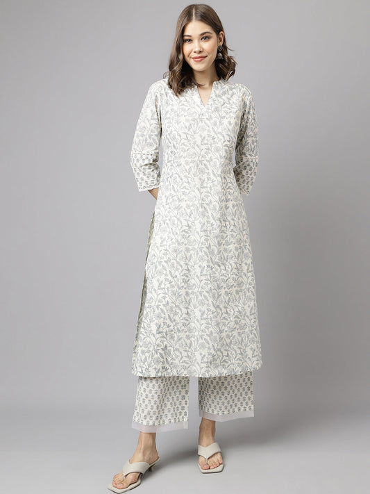 Women's Off White Cotton A-line Kurta with Palazzo