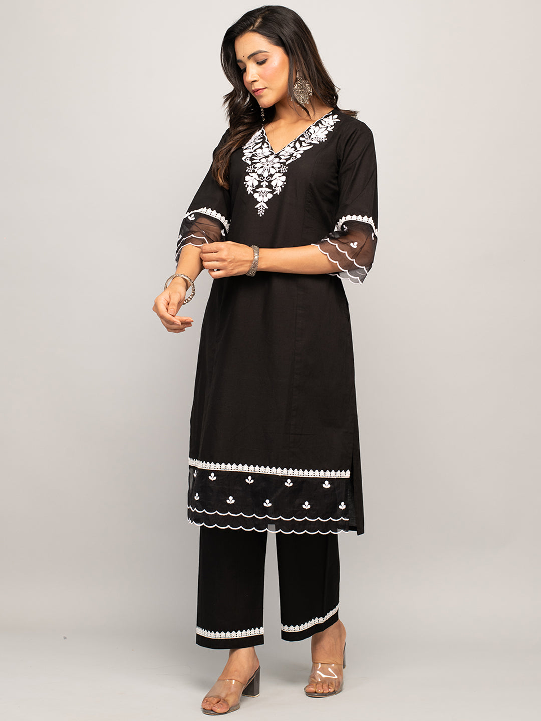 Women's Black Cotton Floral Embroidery Straight Kurta with Palazzo