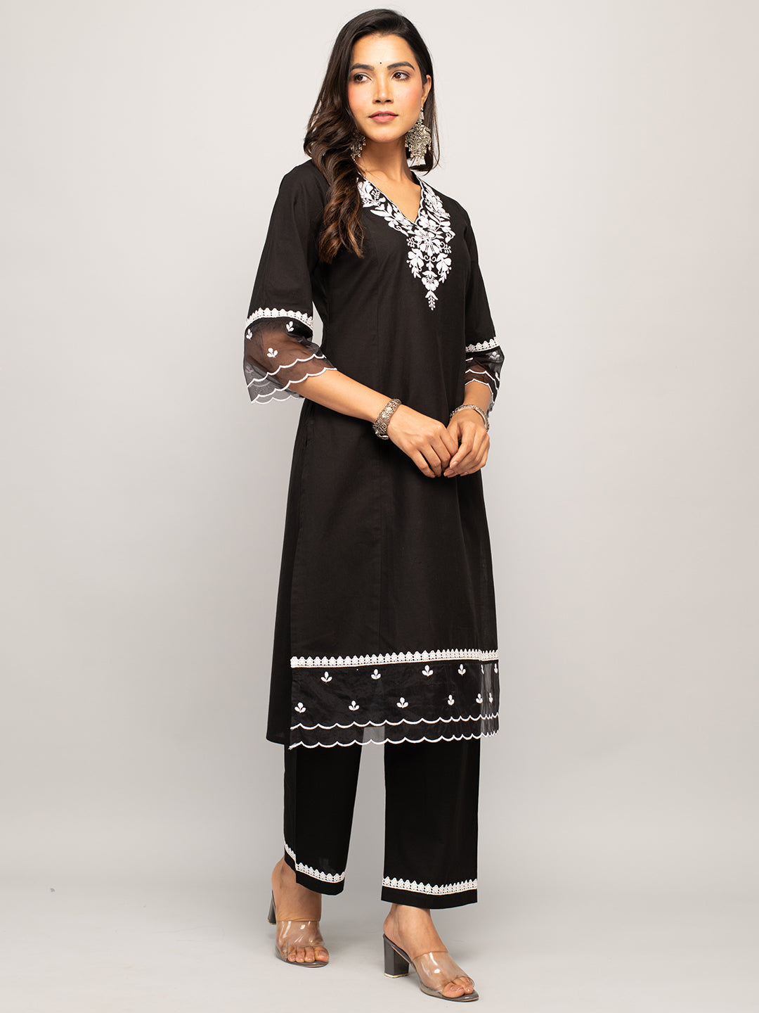 Women's Black Cotton Floral Embroidery Straight Kurta with Palazzo