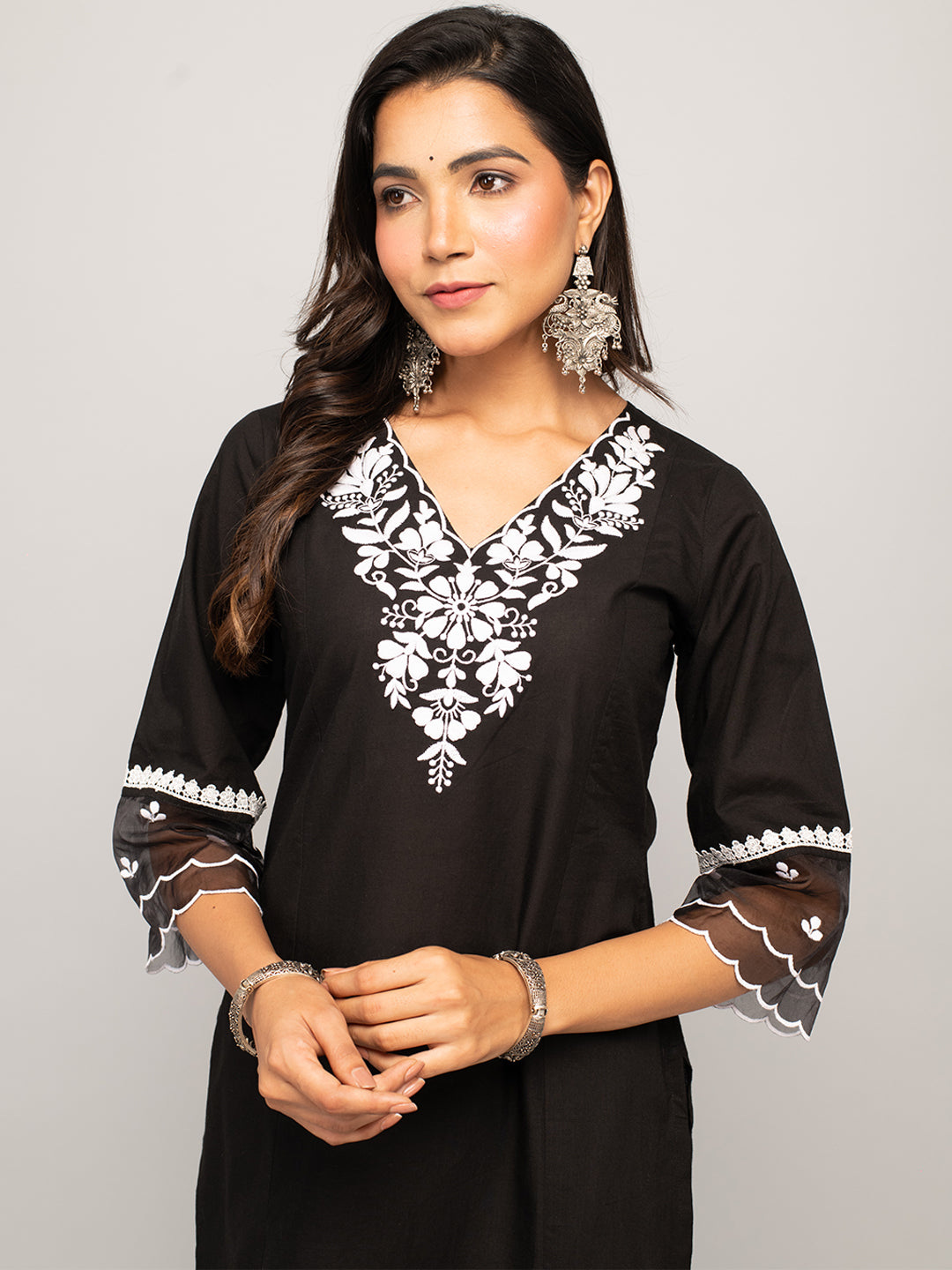 Women's Black Cotton Floral Embroidery Straight Kurta with Palazzo