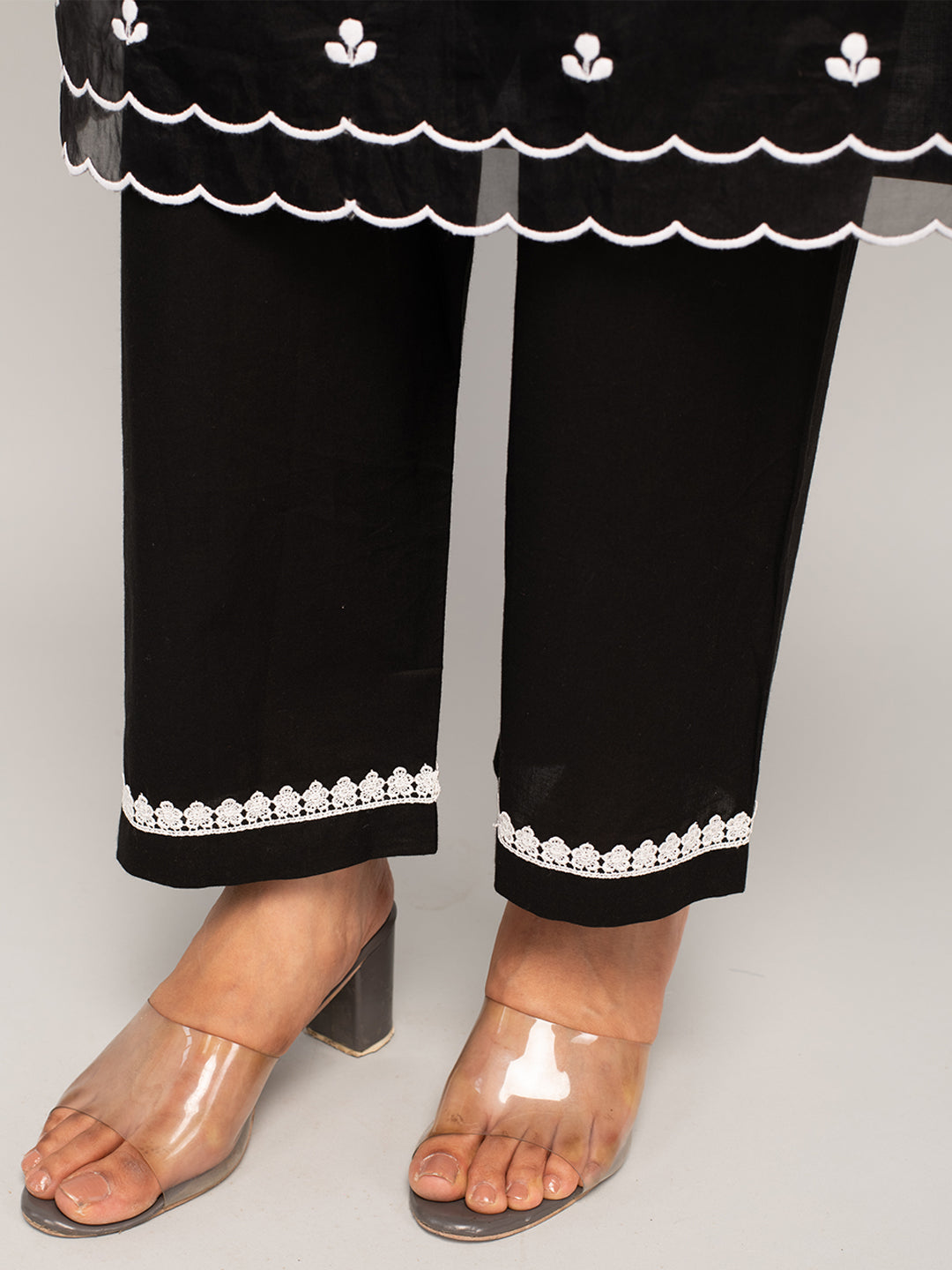 Women's Black Cotton Floral Embroidery Straight Kurta with Palazzo