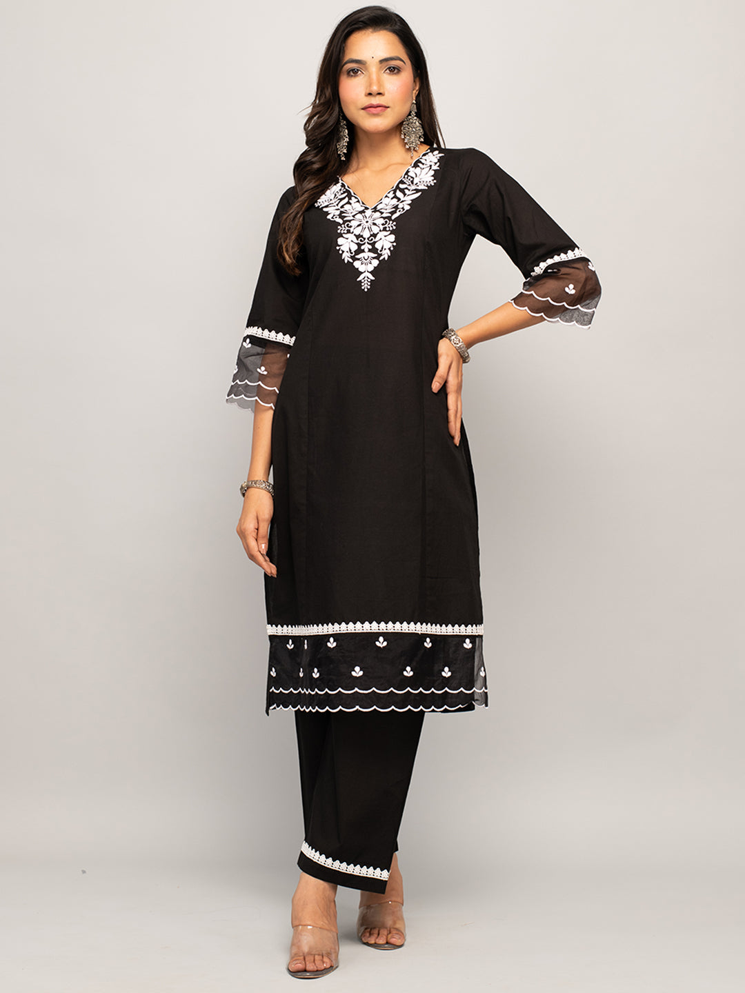 Women's Black Cotton Floral Embroidery Straight Kurta with Palazzo