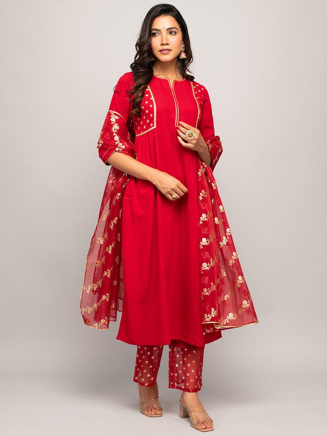 Women's Red Crepe A-line Kurta with Palazzo And Dupatta