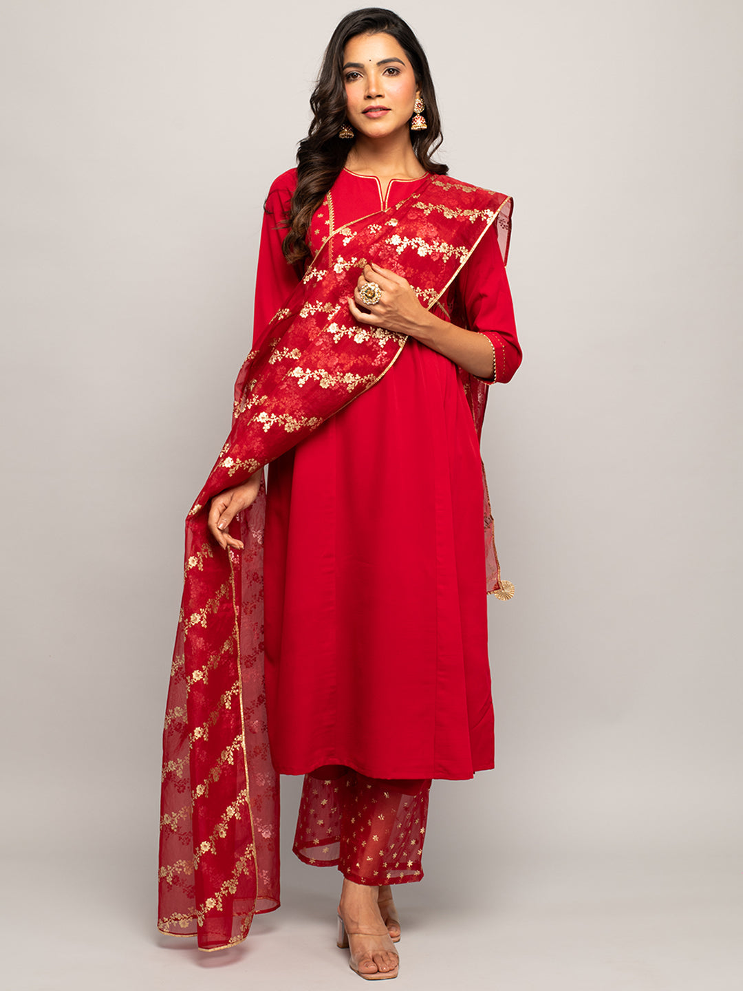 Women's Red Crepe A-line Kurta with Palazzo And Dupatta