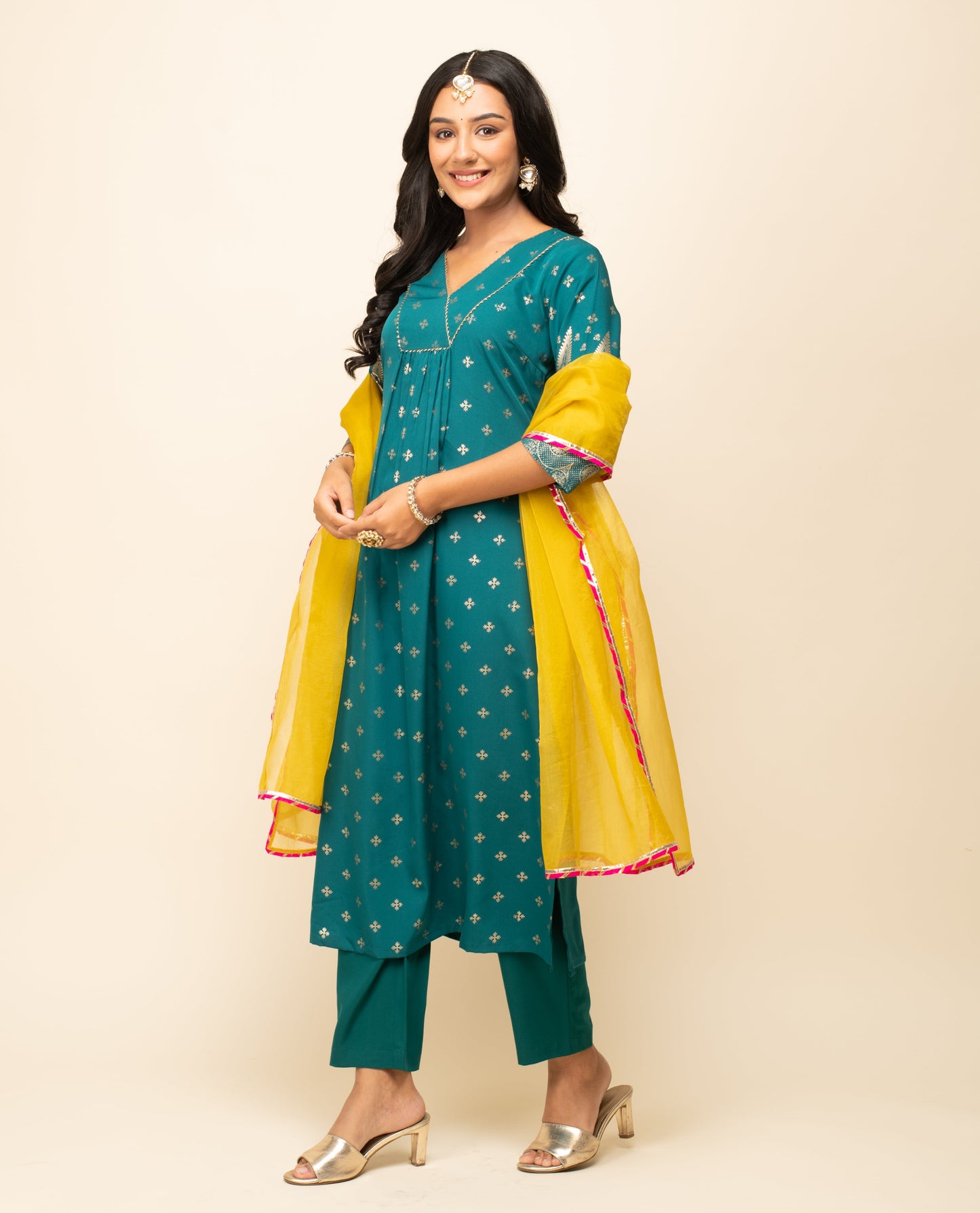 Women's Teal Blue Crepe A-Line Kurta Pant with dupatta