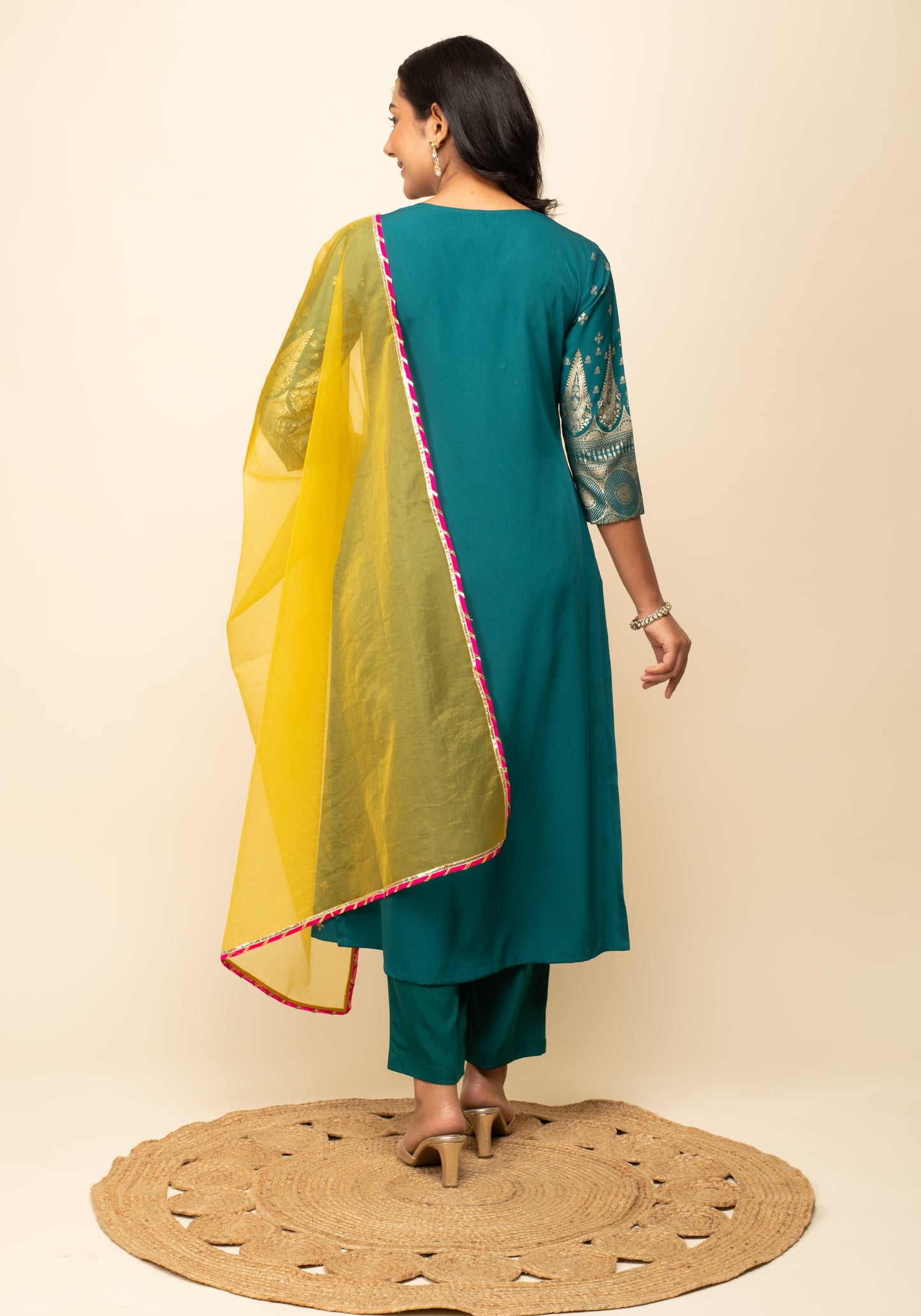 Women's Teal Blue Crepe A-Line Kurta Pant with dupatta