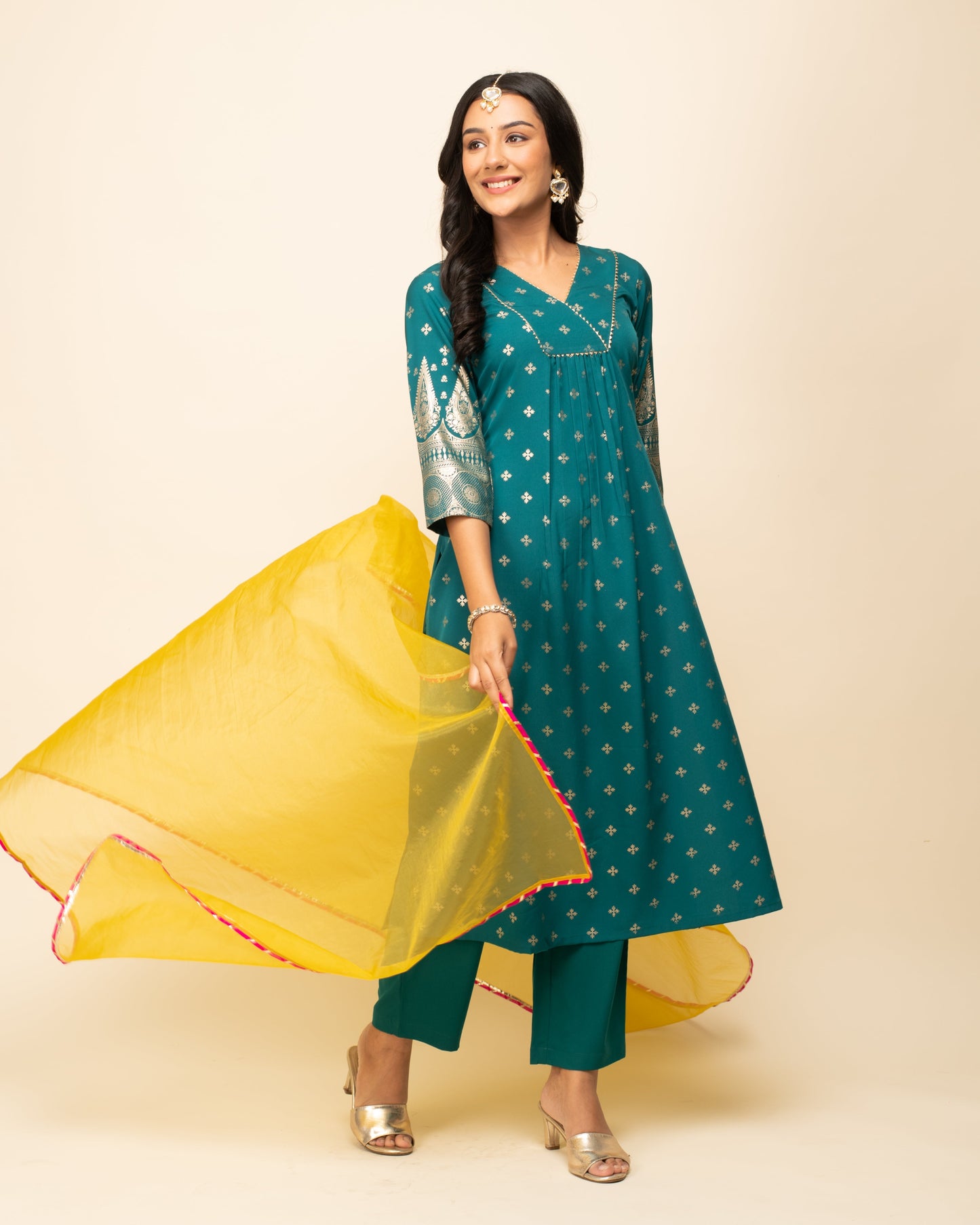 Women's Teal Blue Crepe A-Line Kurta Pant with dupatta